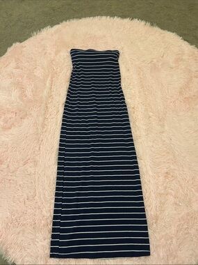 Striped Navy and White Strapless Maxi Dress